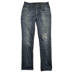 Nudie Jeans CO Mens 32x32 Jeans Thin Finn Rainy Dark Stretch Blue Distressed EUC